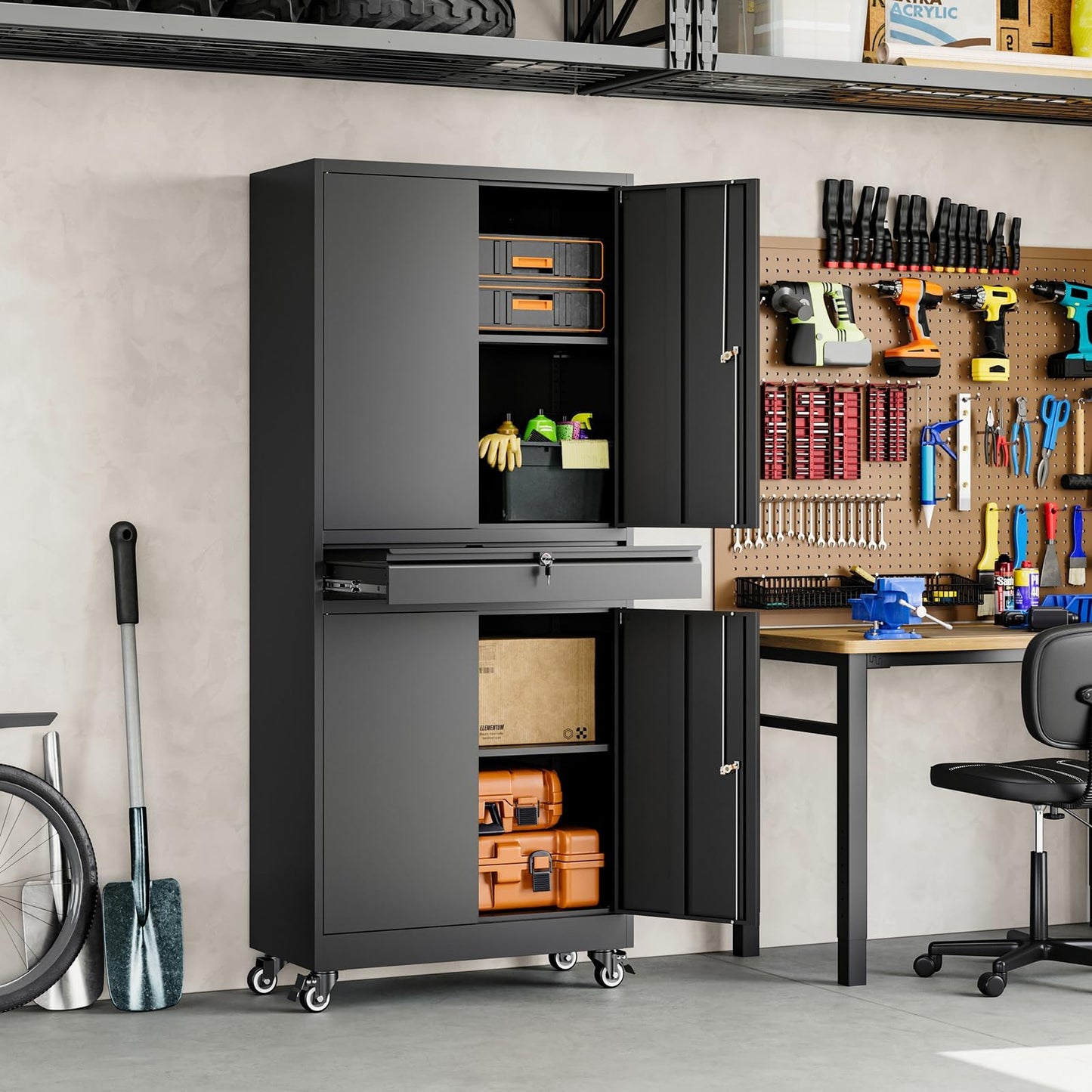 Adrinfly Tall Metal Cabinet with 1 Drawer & 2 Adjustable Shelves, 360° Lockable Wheels, 3 Locks, 180lbs Capacity for Office/Garage Storage - Secure, Spacious, Sturdy Steel Design