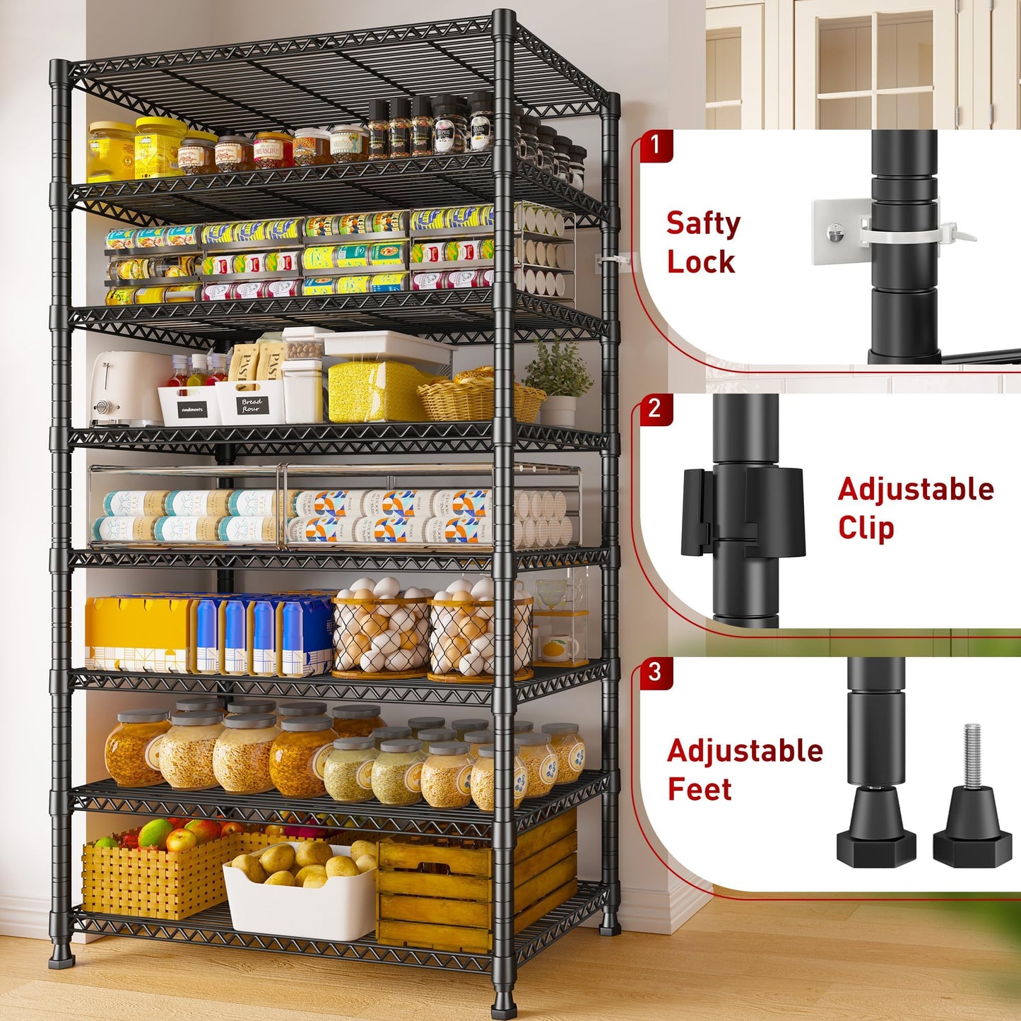 Adrinfly 75"H x 35"W x 14"D Metal Shelving, 8-Tier Storage Shelf with 130LBS/Each & 1040LBS Total Capacity, Heavy-Duty 19.1mm Posts & Anti-Tipping Design for Home Storage
