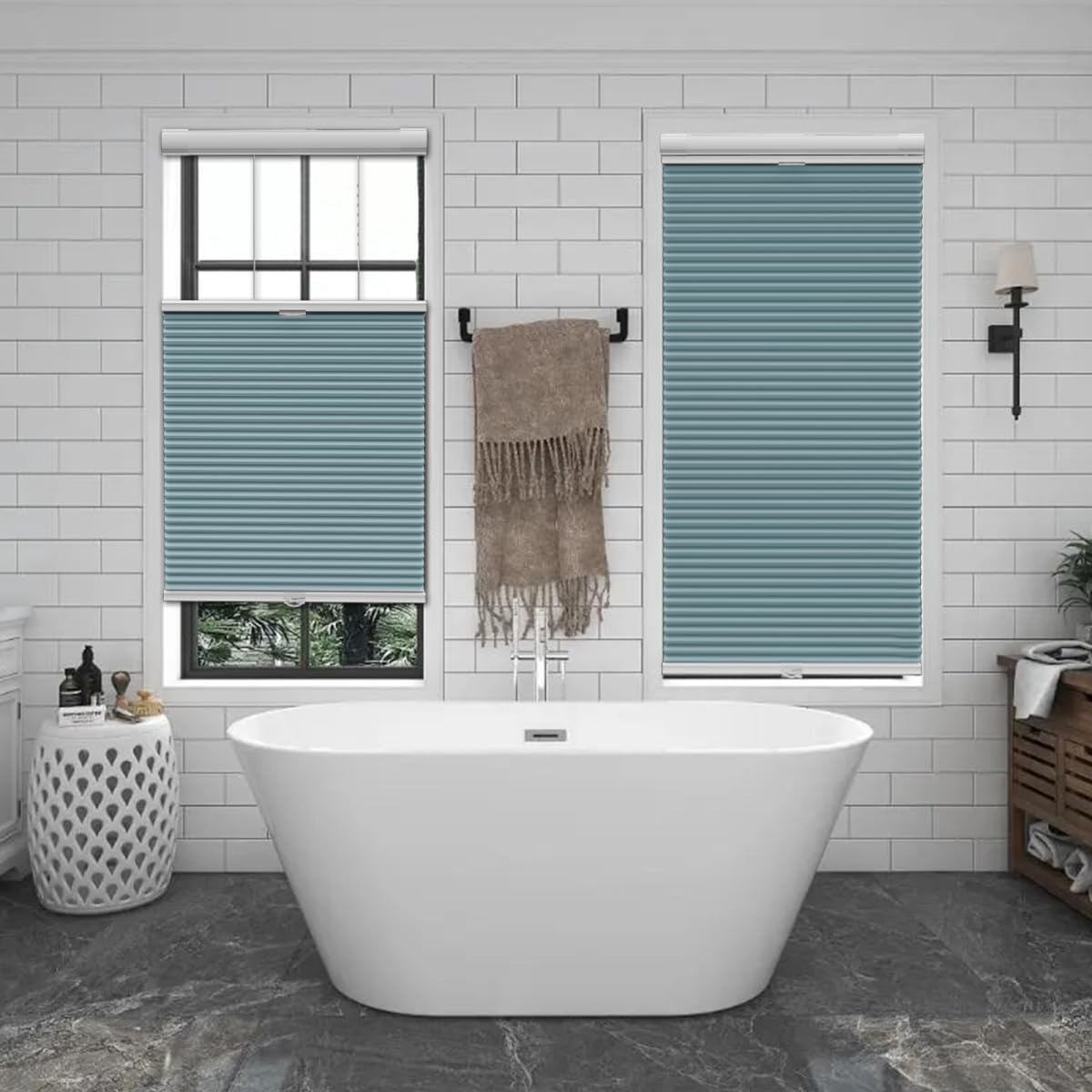 Etokfoks 67in W Blue Blackout Shades Cellular Blinds for Indoor Windows with Top Down Room
