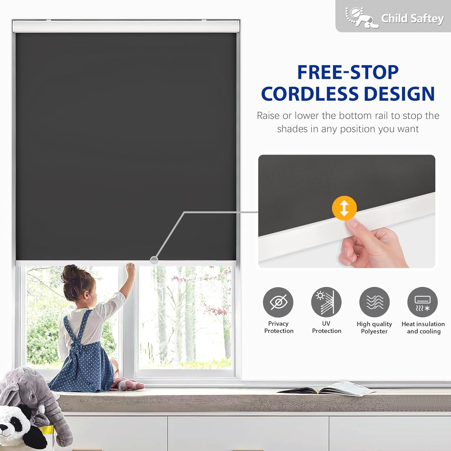 Etokfoks 58in W Black Blackout Roller Shades Roll Up Blinds for Windows