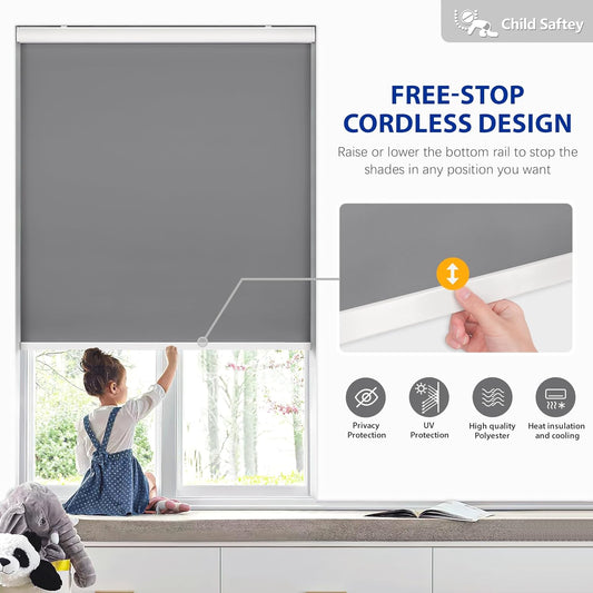Etokfoks 58in W Grey Blackout Roller Shades Roll Up Blinds for Windows