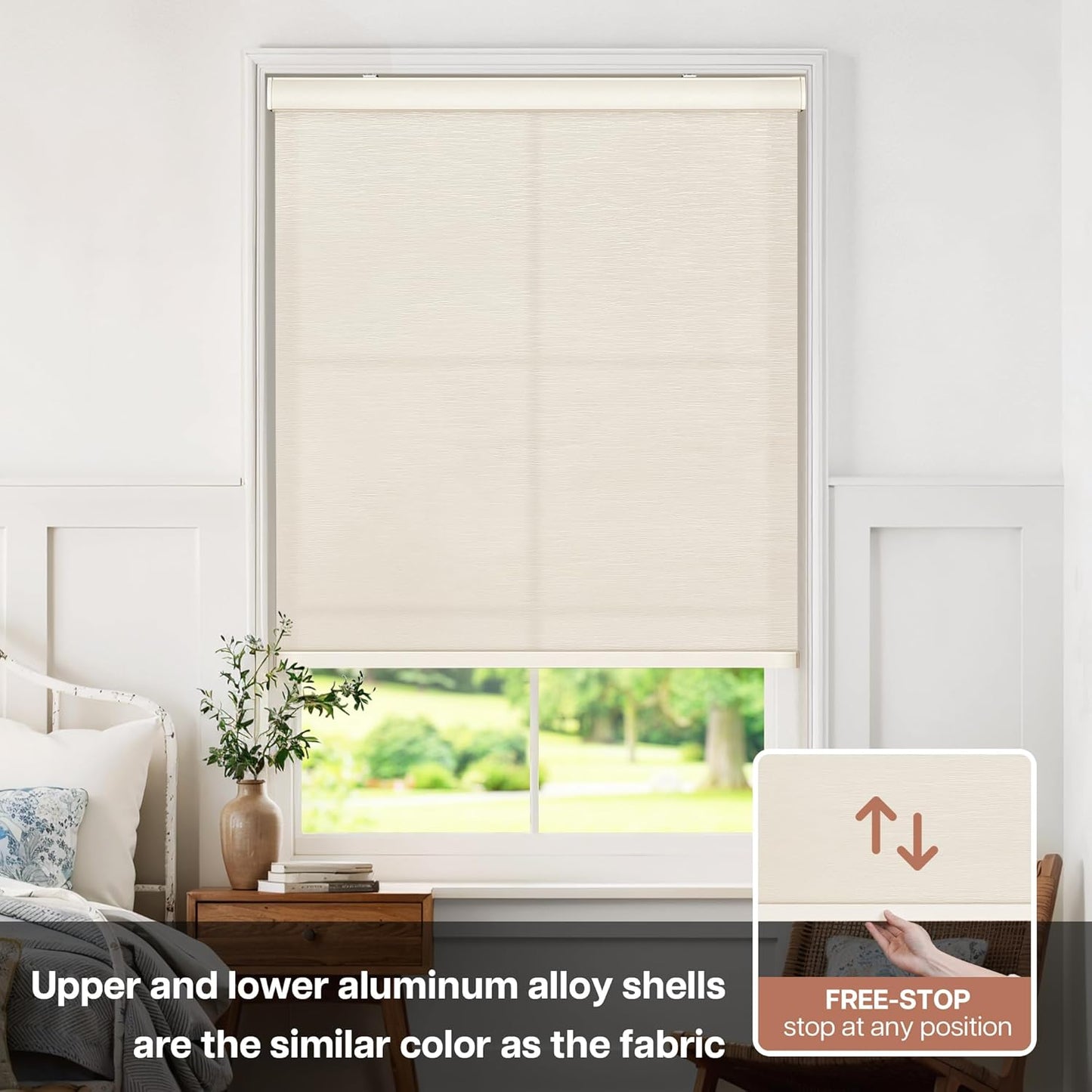Etokfoks 71in W Cream Light Filtering Jacquard Fabric Roller Shades Blinds for Indoor Windows
