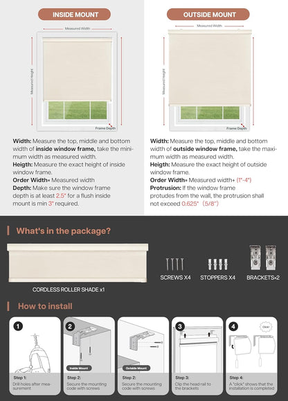Etokfoks 71in W Cream Light Filtering Jacquard Fabric Roller Shades Blinds for Indoor Windows