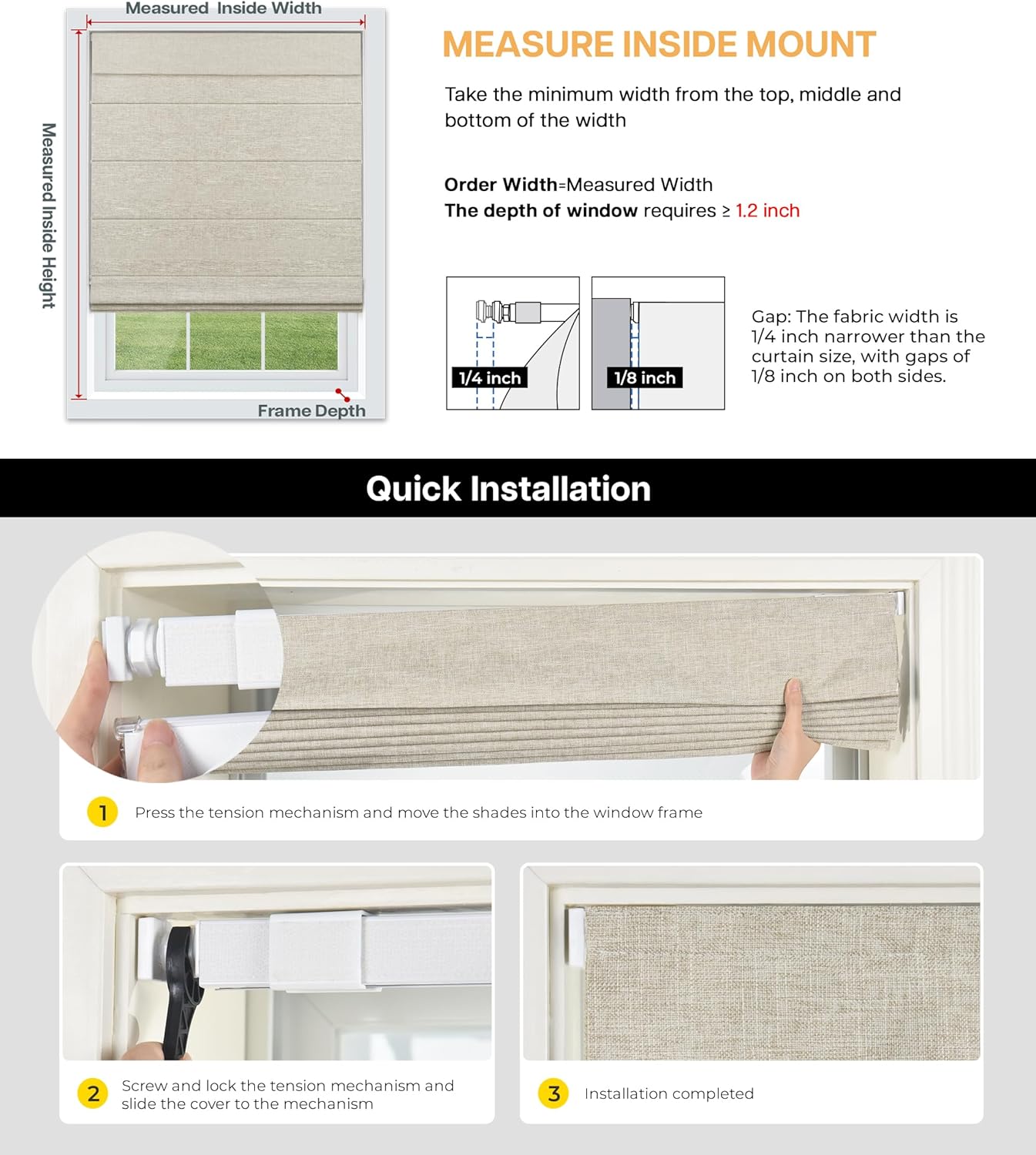 Etokfoks 44 in W Blackout Beige Roman Shade Lightweight Fabric Blinds for Indoor Windows