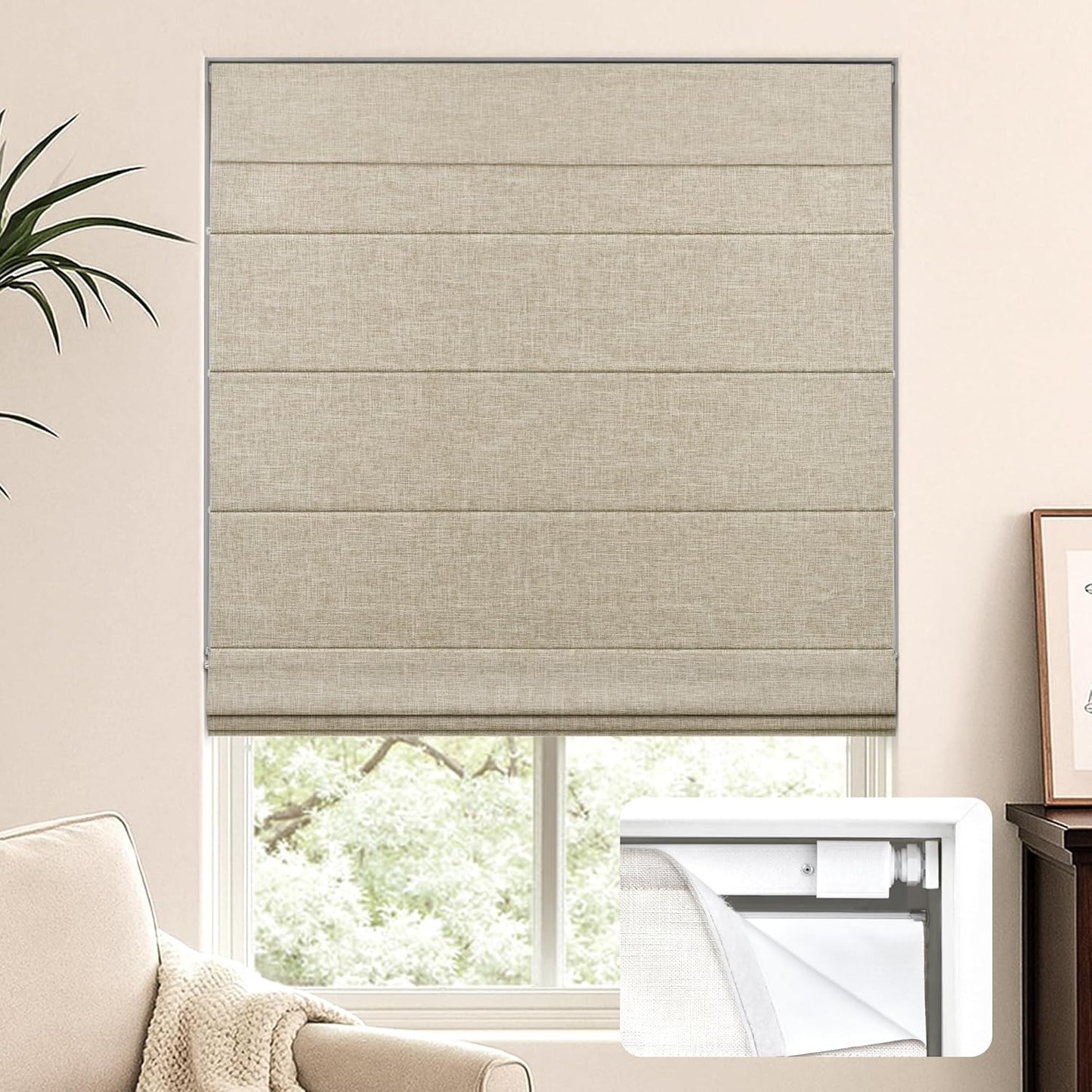 Etokfoks 44 in W Blackout Beige Roman Shade Lightweight Fabric Blinds for Indoor Windows