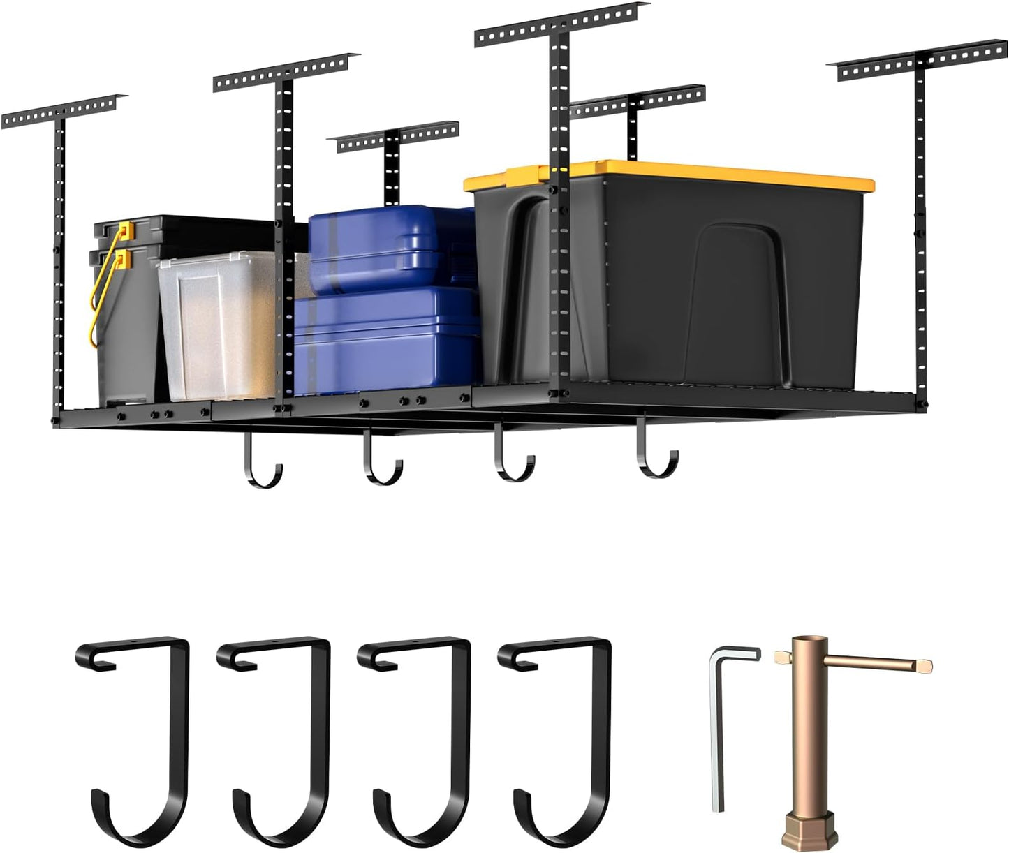 Adrinfly Adjustable Garage Ceiling Storage Rack, 22"-40" Dropdown Height, 600LBS Capacity, 4 Heavy-Duty Hooks for Bikes, Tools, Seasonal Items, 105 Cu Ft Storage Space