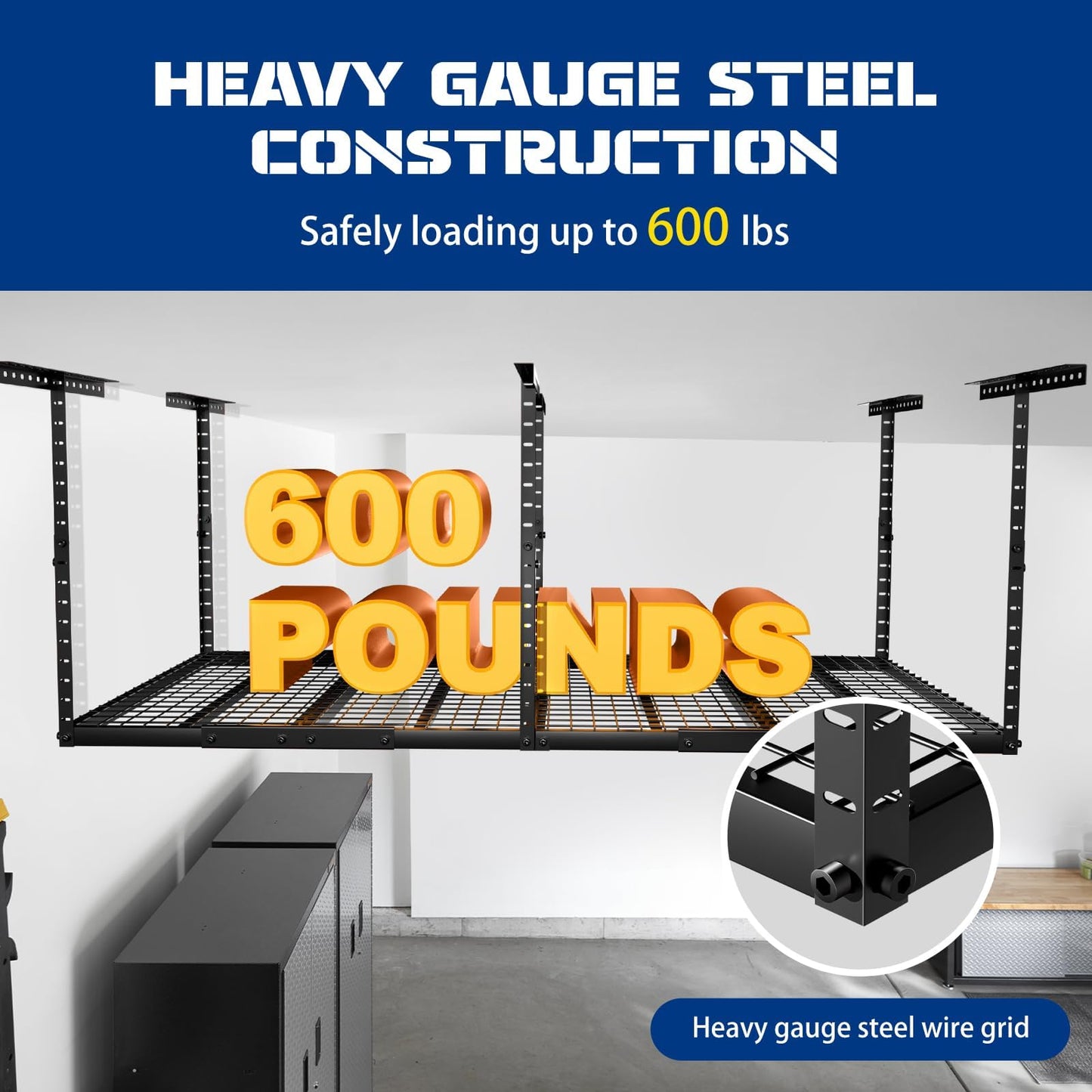 Adrinfly Adjustable Garage Ceiling Storage Rack, 22"-40" Dropdown Height, 600LBS Capacity, 4 Heavy-Duty Hooks for Bikes, Tools, Seasonal Items, 105 Cu Ft Storage Space