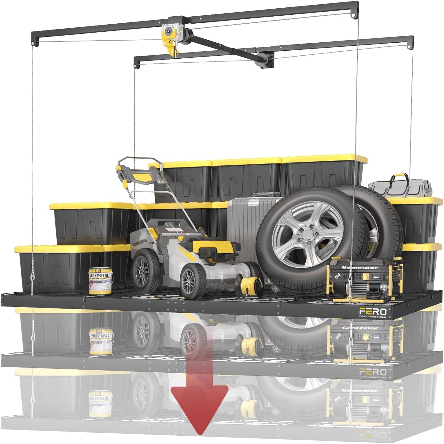 Adrinfly Garage Ceiling Storage Rack with Lift System, H-Shaped Steel Frame, Adjustable Height (8-12ft), 32 sq ft Capacity, Drill-Operated, Manual Safety Lock for Seasonal Items, Toolboxes, Suitcases