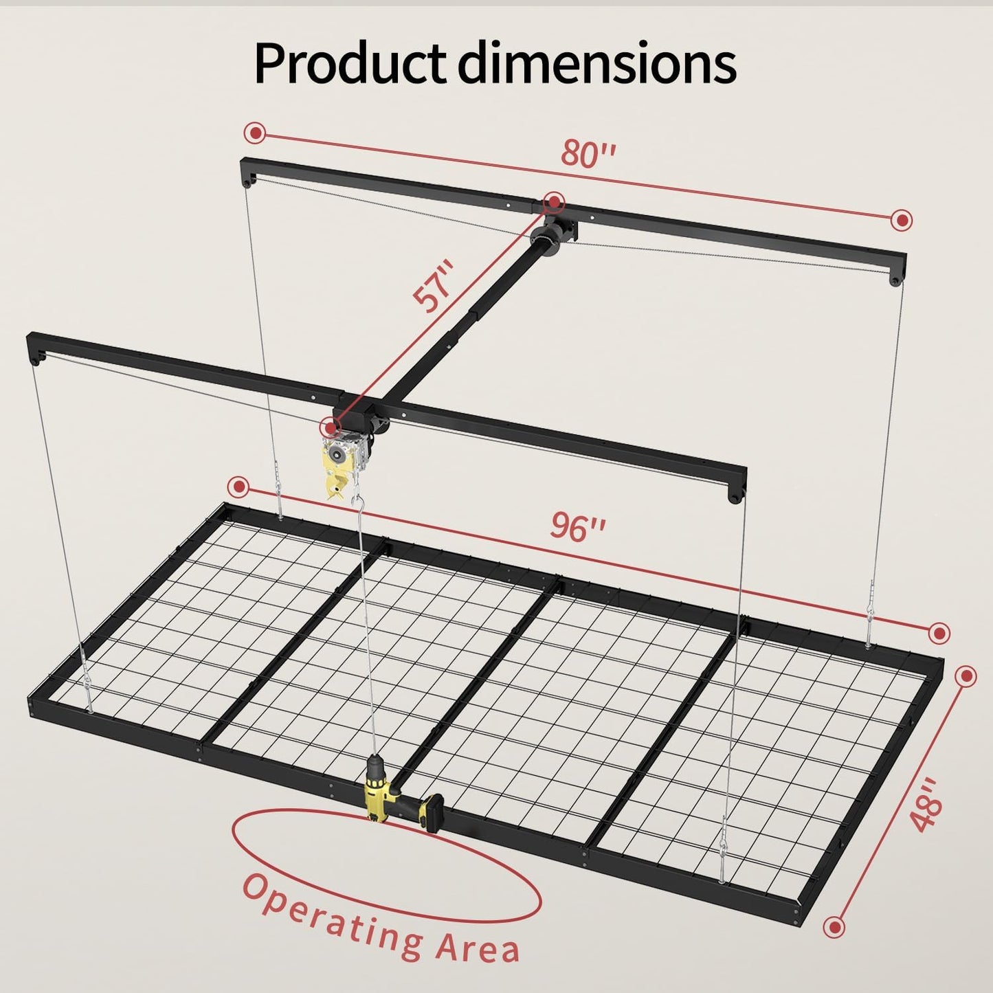 Adrinfly Garage Ceiling Storage Rack with Lift System, H-Shaped Steel Frame, Adjustable Height (8-12ft), 32 sq ft Capacity, Drill-Operated, Manual Safety Lock for Seasonal Items, Toolboxes, Suitcases