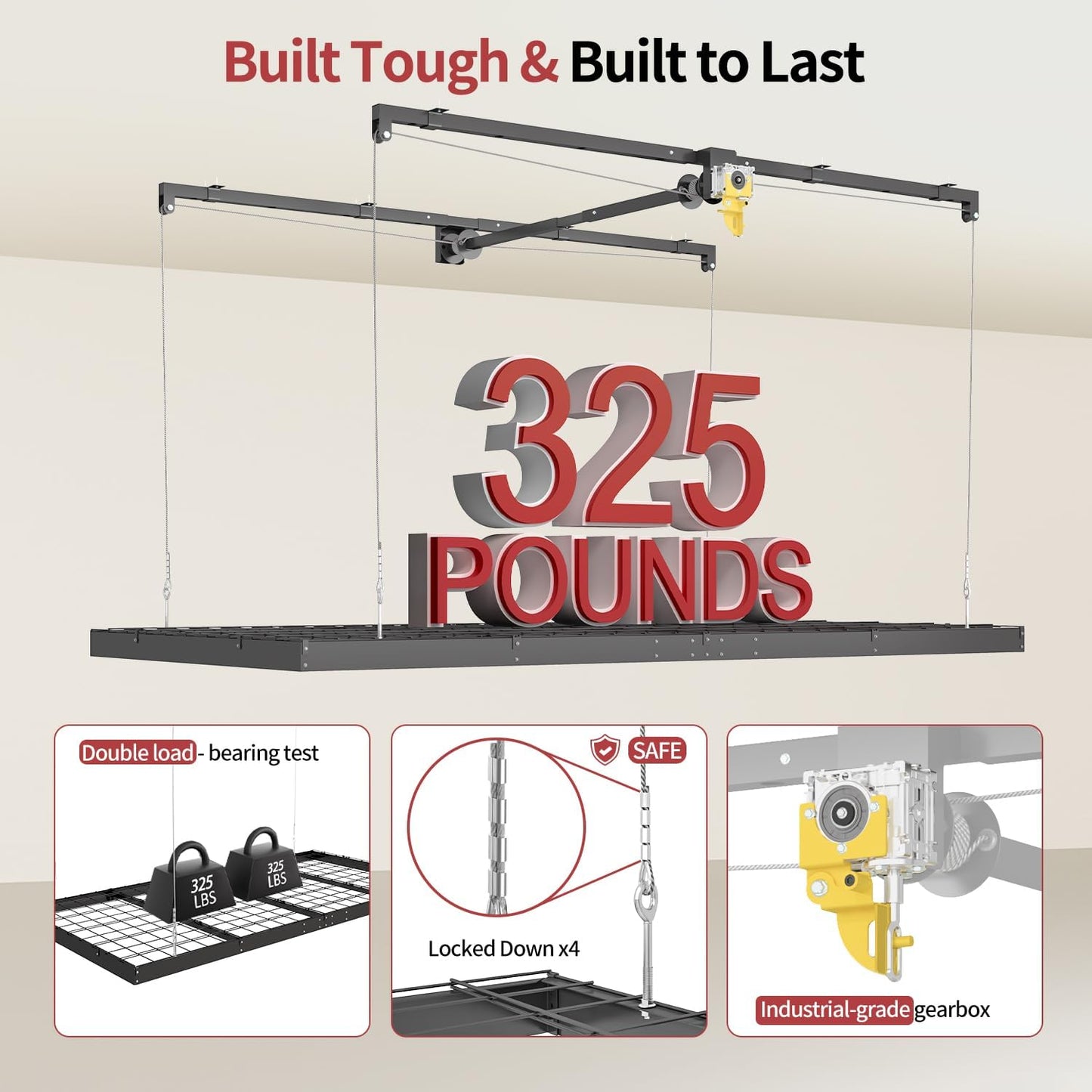 Adrinfly Garage Ceiling Storage Rack with Lift System, H-Shaped Steel Frame, Adjustable Height (8-12ft), 32 sq ft Capacity, Drill-Operated, Manual Safety Lock for Seasonal Items, Toolboxes, Suitcases