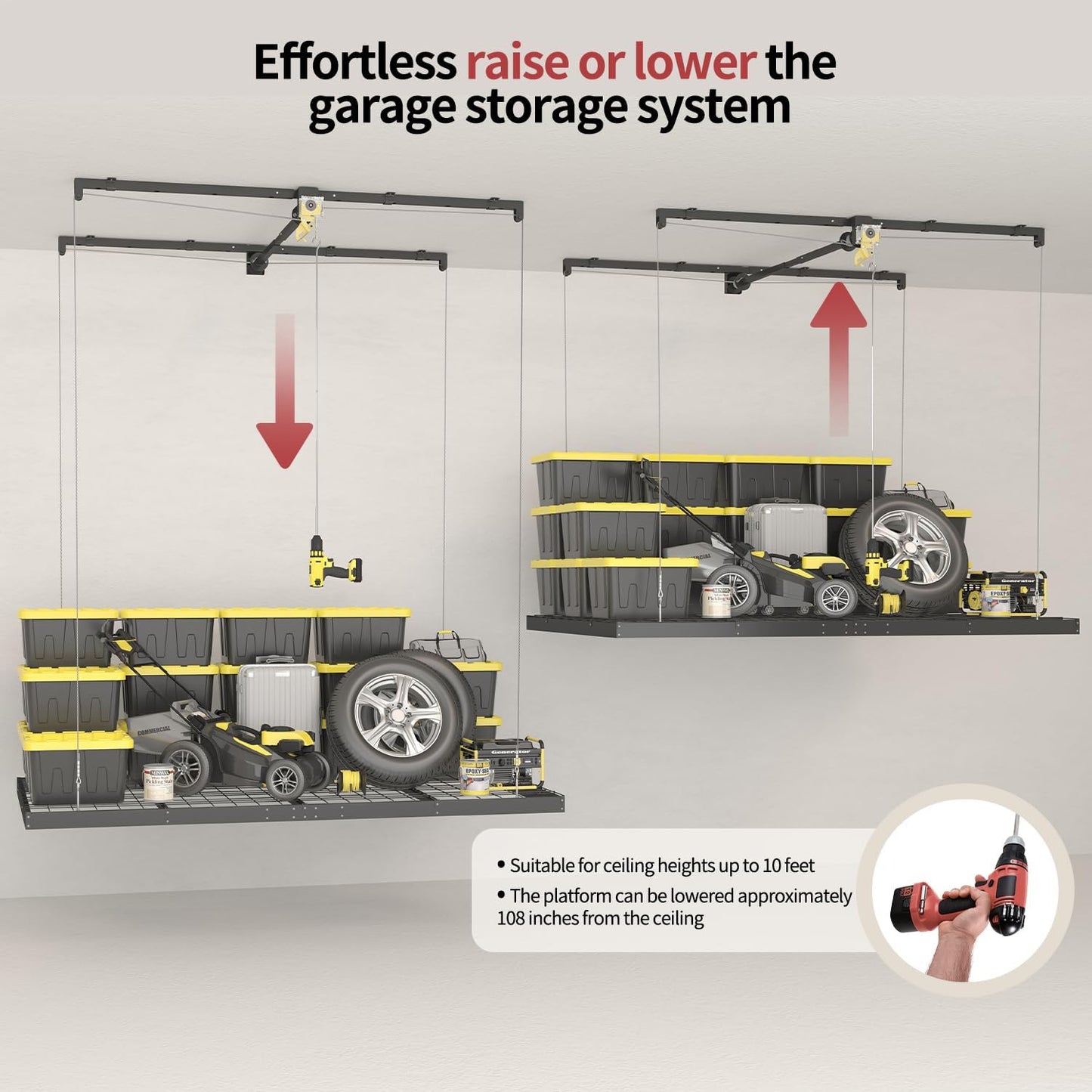 Adrinfly Garage Ceiling Storage Rack with Lift System, H-Shaped Steel Frame, Adjustable Height (8-12ft), 32 sq ft Capacity, Drill-Operated, Manual Safety Lock for Seasonal Items, Toolboxes, Suitcases