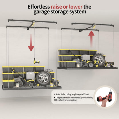 Adrinfly Garage Ceiling Storage Rack with Lift System, H-Shaped Steel Frame, Adjustable Height (8-12ft), 32 sq ft Capacity, Drill-Operated, Manual Safety Lock for Seasonal Items, Toolboxes, Suitcases