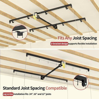 Adrinfly Garage Ceiling Storage Rack with Lift System, H-Shaped Steel Frame, Adjustable Height (8-12ft), 32 sq ft Capacity, Drill-Operated, Manual Safety Lock for Seasonal Items, Toolboxes, Suitcases