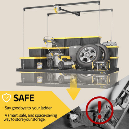 Adrinfly Garage Ceiling Storage Rack with Lift System, H-Shaped Steel Frame, Adjustable Height (8-12ft), 32 sq ft Capacity, Drill-Operated, Manual Safety Lock for Seasonal Items, Toolboxes, Suitcases
