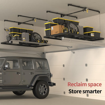 Adrinfly Garage Ceiling Storage Rack with Lift System, H-Shaped Steel Frame, Adjustable Height (8-12ft), 32 sq ft Capacity, Drill-Operated, Manual Safety Lock for Seasonal Items, Toolboxes, Suitcases