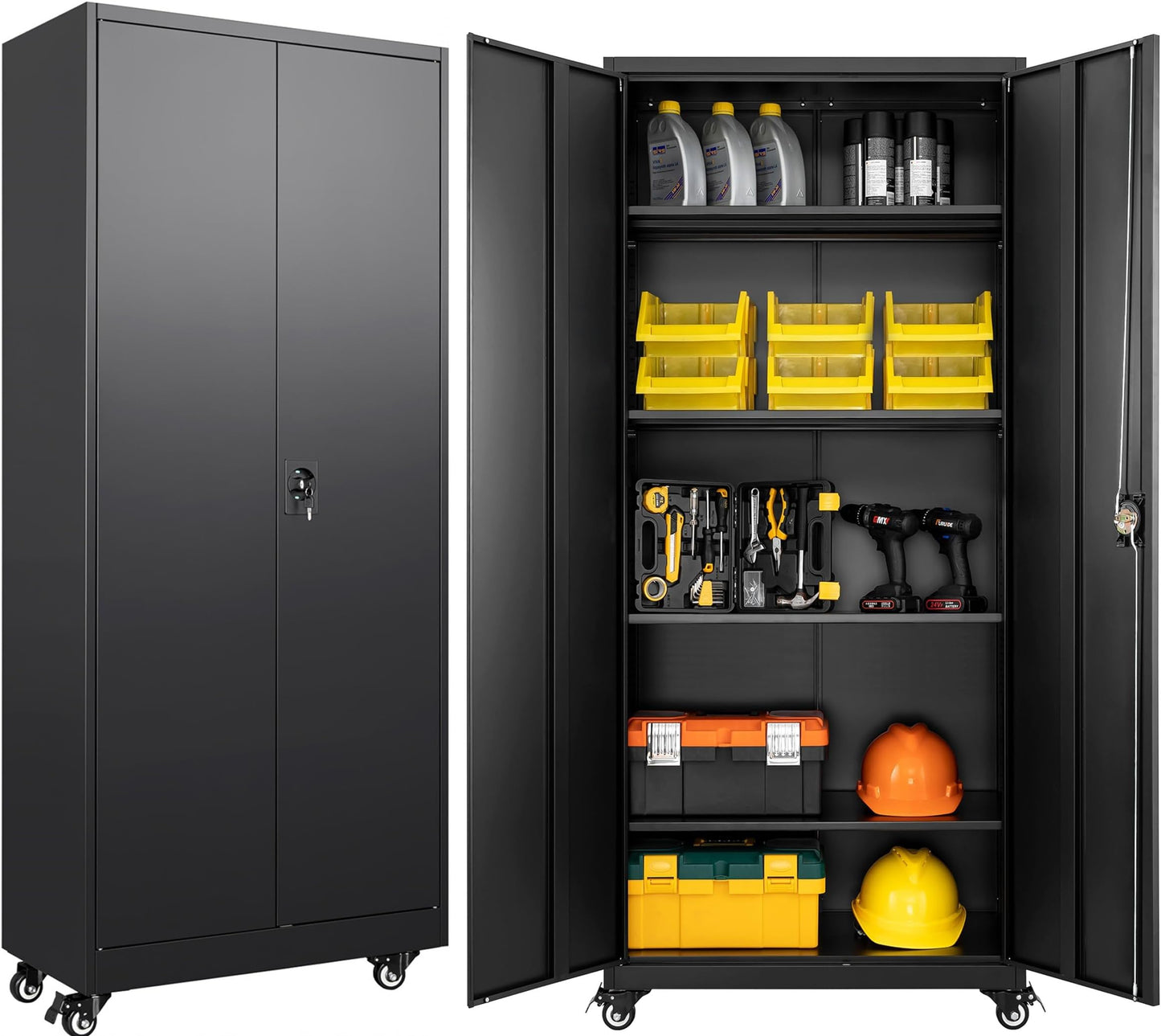 Adrinfly Metal Storage Cabinet on Wheels with Lockable Doors, 4 Adjustable Shelves, Heavy Duty Cold-Rolled Steel, Waterproof & Scratch-Resistant Garage Tool Organizer