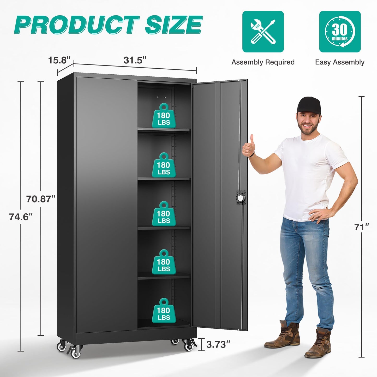 Adrinfly Metal Storage Cabinet on Wheels with Lockable Doors, 4 Adjustable Shelves, Heavy Duty Cold-Rolled Steel, Waterproof & Scratch-Resistant Garage Tool Organizer