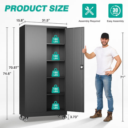 Adrinfly Metal Storage Cabinet on Wheels with Lockable Doors, 4 Adjustable Shelves, Heavy Duty Cold-Rolled Steel, Waterproof & Scratch-Resistant Garage Tool Organizer