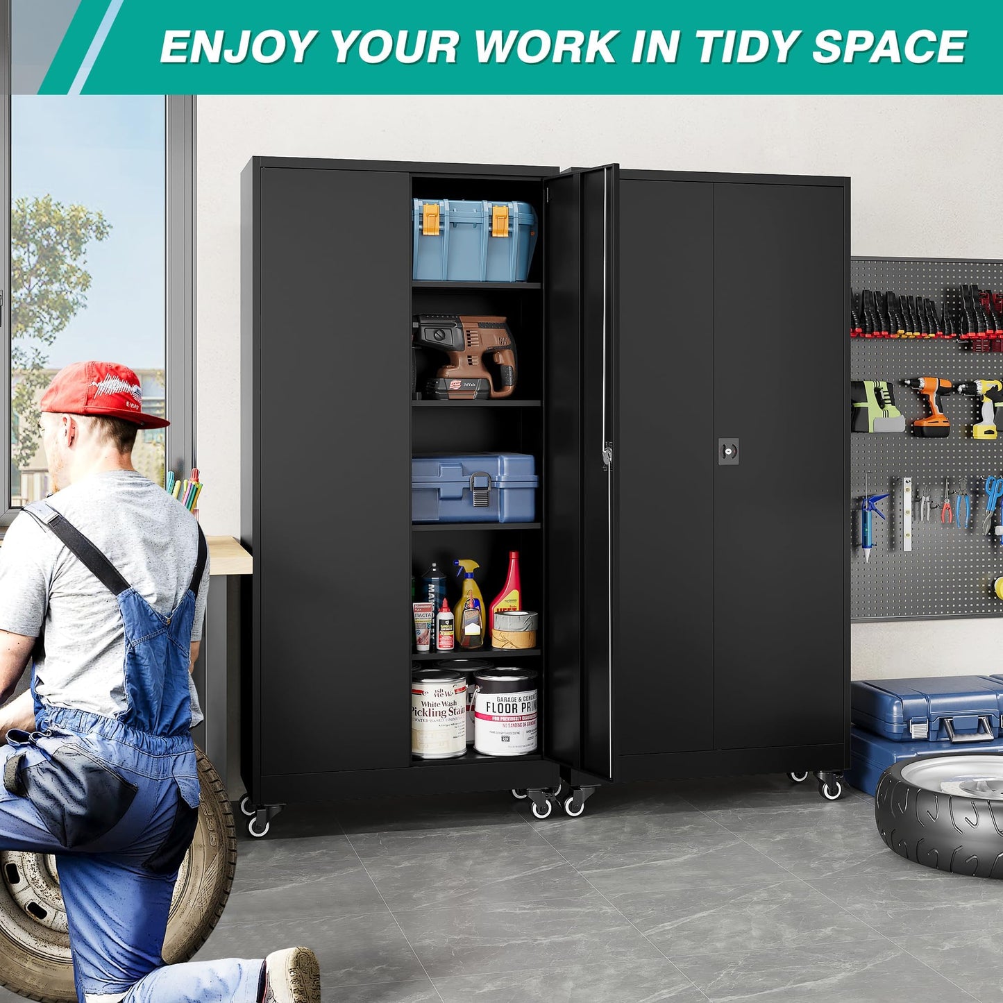 Adrinfly Metal Storage Cabinet on Wheels with Lockable Doors, 4 Adjustable Shelves, Heavy Duty Cold-Rolled Steel, Waterproof & Scratch-Resistant Garage Tool Organizer