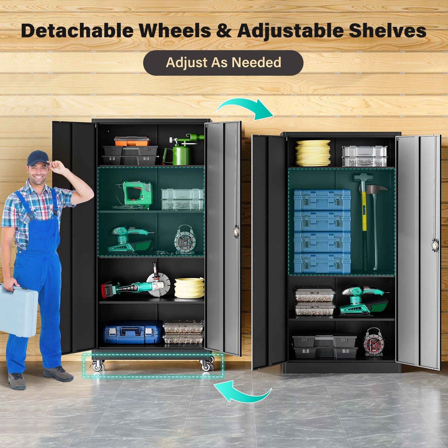 Adrinfly Metal Storage Cabinet on Wheels with Lockable Doors, 4 Adjustable Shelves, Heavy Duty Cold-Rolled Steel, Waterproof & Scratch-Resistant Garage Tool Organizer