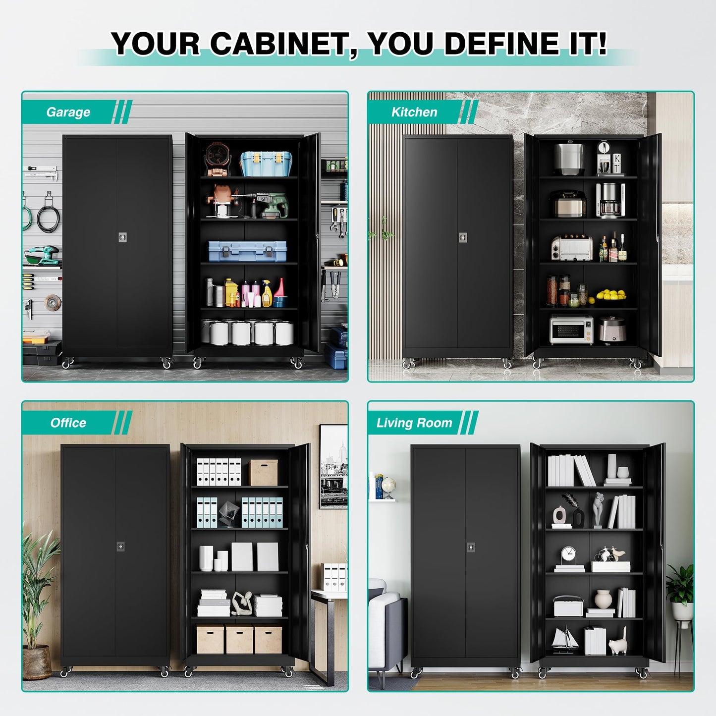 Adrinfly Metal Storage Cabinet on Wheels with Lockable Doors, 4 Adjustable Shelves, Heavy Duty Cold-Rolled Steel, Waterproof & Scratch-Resistant Garage Tool Organizer