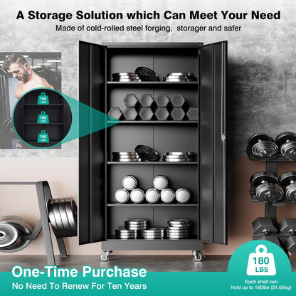 Adrinfly Metal Storage Cabinet on Wheels with Lockable Doors, 4 Adjustable Shelves, Heavy Duty Cold-Rolled Steel, Waterproof & Scratch-Resistant Garage Tool Organizer