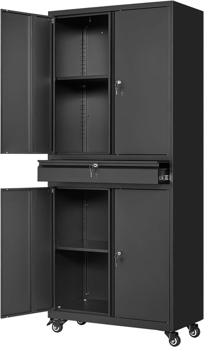Adrinfly Tall Metal Cabinet with 1 Drawer & 2 Adjustable Shelves, 360° Lockable Wheels, 3 Locks, 180lbs Capacity for Office/Garage Storage - Secure, Spacious, Sturdy Steel Design