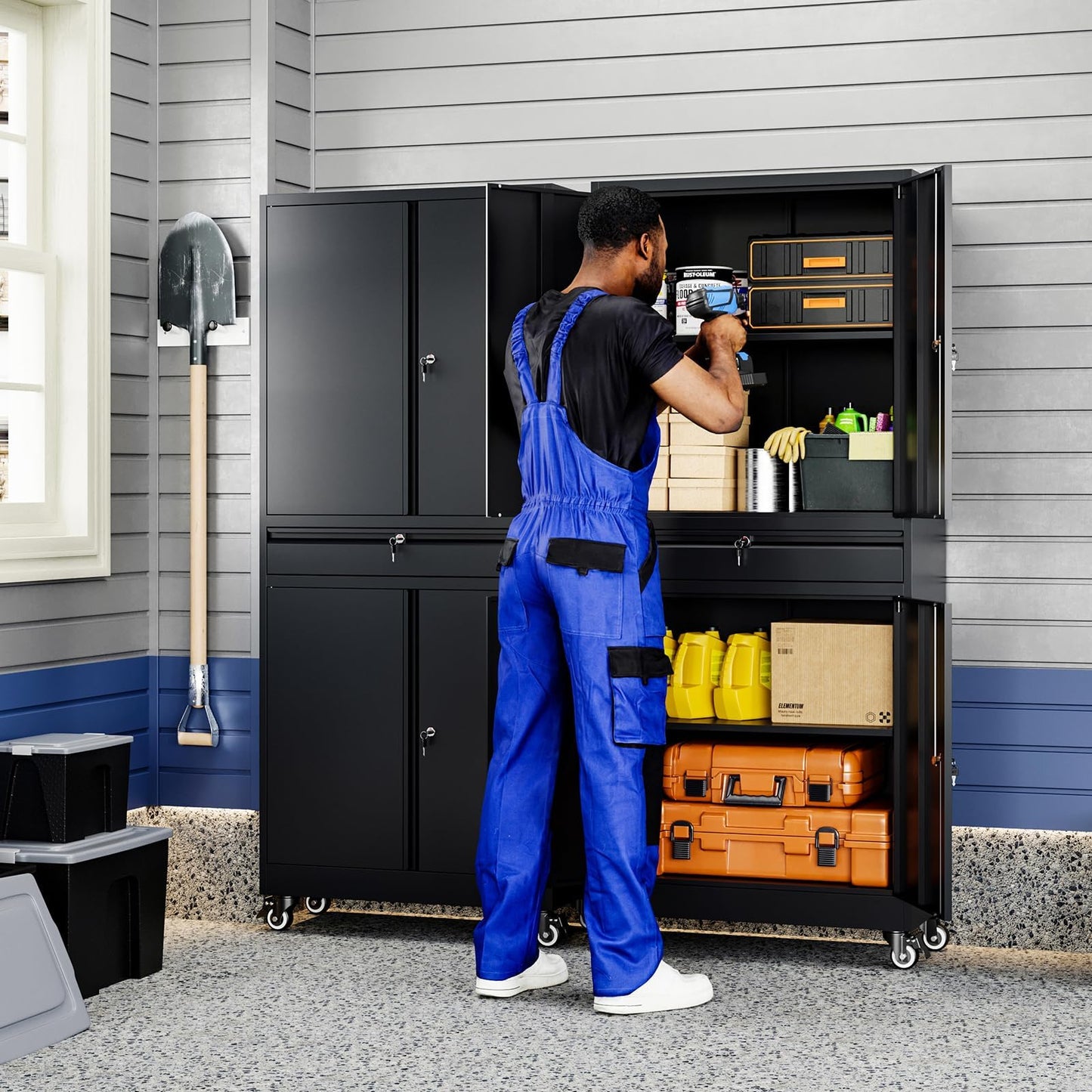 Adrinfly Tall Metal Cabinet with 1 Drawer & 2 Adjustable Shelves, 360° Lockable Wheels, 3 Locks, 180lbs Capacity for Office/Garage Storage - Secure, Spacious, Sturdy Steel Design