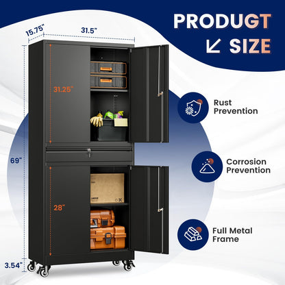 Adrinfly Tall Metal Cabinet with 1 Drawer & 2 Adjustable Shelves, 360° Lockable Wheels, 3 Locks, 180lbs Capacity for Office/Garage Storage - Secure, Spacious, Sturdy Steel Design