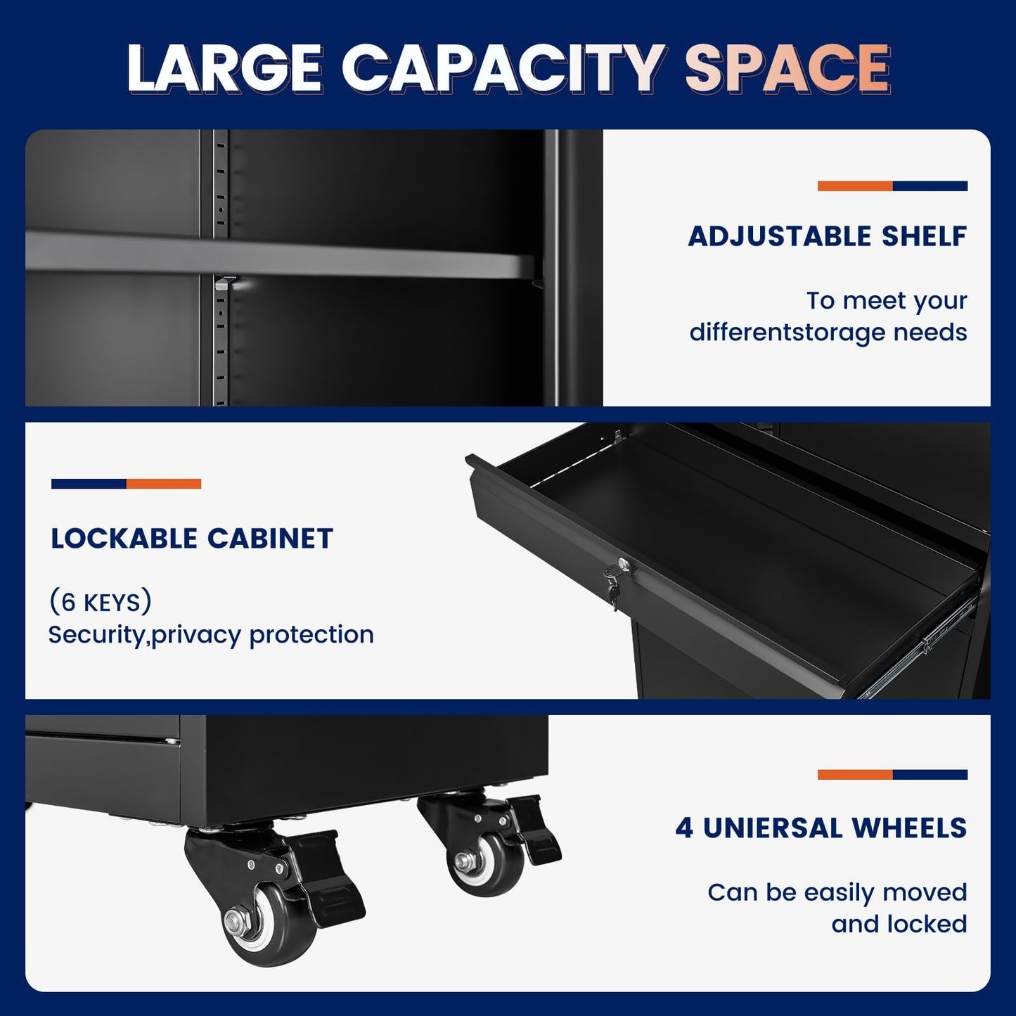 Adrinfly Tall Metal Cabinet with 1 Drawer & 2 Adjustable Shelves, 360° Lockable Wheels, 3 Locks, 180lbs Capacity for Office/Garage Storage - Secure, Spacious, Sturdy Steel Design