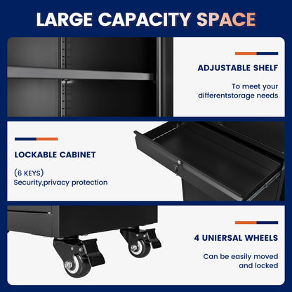 Adrinfly Tall Metal Cabinet with 1 Drawer & 2 Adjustable Shelves, 360° Lockable Wheels, 3 Locks, 180lbs Capacity for Office/Garage Storage - Secure, Spacious, Sturdy Steel Design