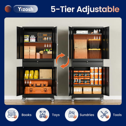 Adrinfly Tall Metal Cabinet with 1 Drawer & 2 Adjustable Shelves, 360° Lockable Wheels, 3 Locks, 180lbs Capacity for Office/Garage Storage - Secure, Spacious, Sturdy Steel Design