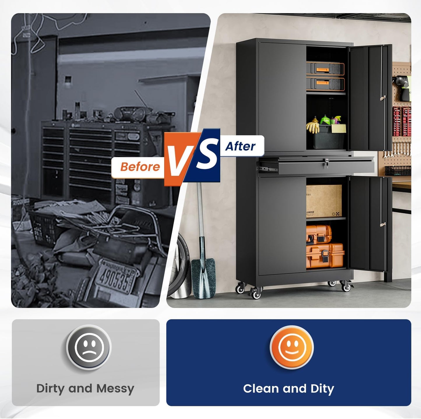 Adrinfly Tall Metal Cabinet with 1 Drawer & 2 Adjustable Shelves, 360° Lockable Wheels, 3 Locks, 180lbs Capacity for Office/Garage Storage - Secure, Spacious, Sturdy Steel Design
