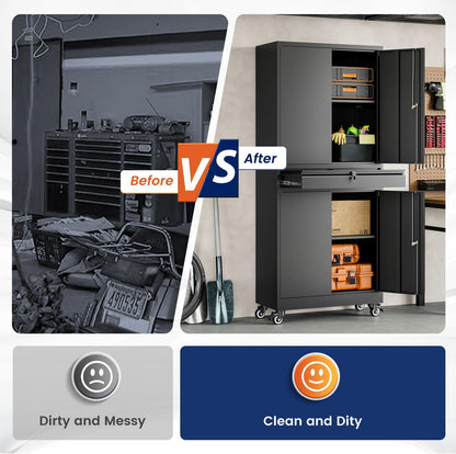 Adrinfly Tall Metal Cabinet with 1 Drawer & 2 Adjustable Shelves, 360° Lockable Wheels, 3 Locks, 180lbs Capacity for Office/Garage Storage - Secure, Spacious, Sturdy Steel Design