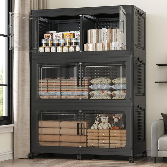 Adrinfly 3-Tier 150 Gallon Black Foldable Storage Cabinet with Lid, Wheels, Dividers, Dual Access, Magnetic Locks, Stackable for Home/Dorm, 31.5''Lx18''Wx47.5''H, 110lb Capacity