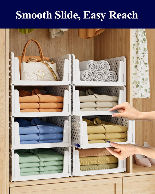 Adrinfly 16.7" x 12.9" x 6.6" Stackable Plastic Closet Drawers, Foldable Organizer Bins with Smooth Pull-Out Access for Wardrobe, Laundry Room, Under-Bed Storage