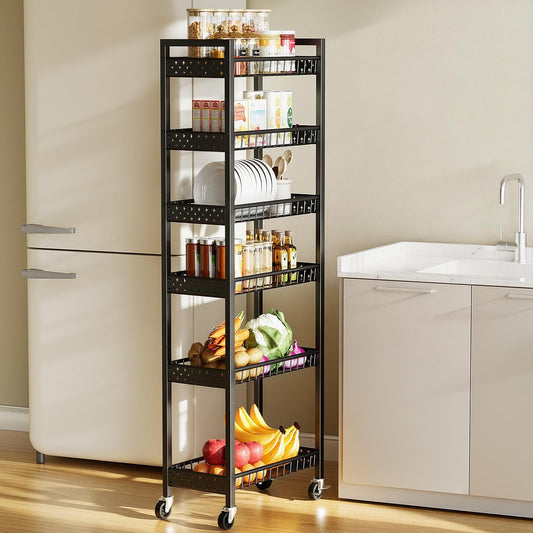 Adrinfly 6-Tier Slim Rolling Cart, 17"L x 9.84"W x 52.17"H Carbon Steel Mesh Basket Organizer with 6 Hooks, for Kitchen/Bathroom Storage, Space-Saving Narrow Design, Anti-Leakage & Anti-Fall Baffles