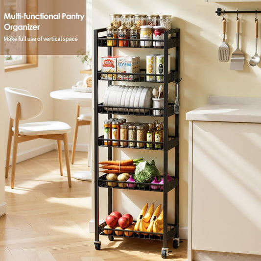 Adrinfly 6-Tier Slim Rolling Cart, 17"L x 9.84"W x 52.17"H Carbon Steel Mesh Basket Organizer with 6 Hooks, for Kitchen/Bathroom Storage, Space-Saving Narrow Design, Anti-Leakage & Anti-Fall Baffles