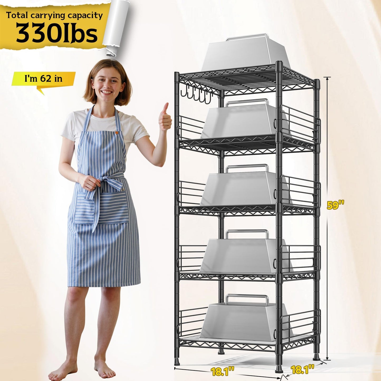 Adrinfly Metal Shelving with 8 Anti-drop Blockers, 5 Tier 330LBS Capacity Wire Shelving Unit, 59" Tall Heavy Duty Storage Rack for Kitchen Pantry Office Garage Small Spaces