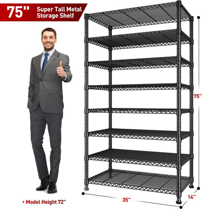Adrinfly 75"H x 35"W x 14"D Metal Shelving, 8-Tier Storage Shelf with 130LBS/Each & 1040LBS Total Capacity, Heavy-Duty 19.1mm Posts & Anti-Tipping Design for Home Storage