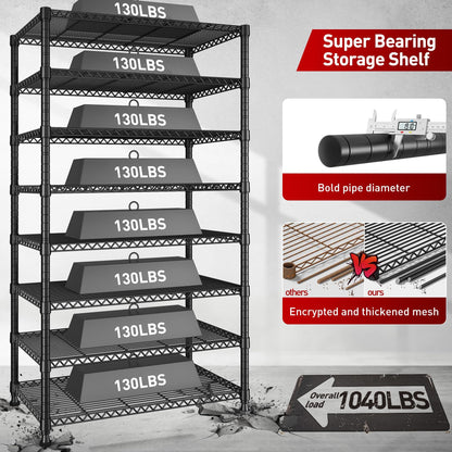 Adrinfly 75"H x 35"W x 14"D Metal Shelving, 8-Tier Storage Shelf with 130LBS/Each & 1040LBS Total Capacity, Heavy-Duty 19.1mm Posts & Anti-Tipping Design for Home Storage
