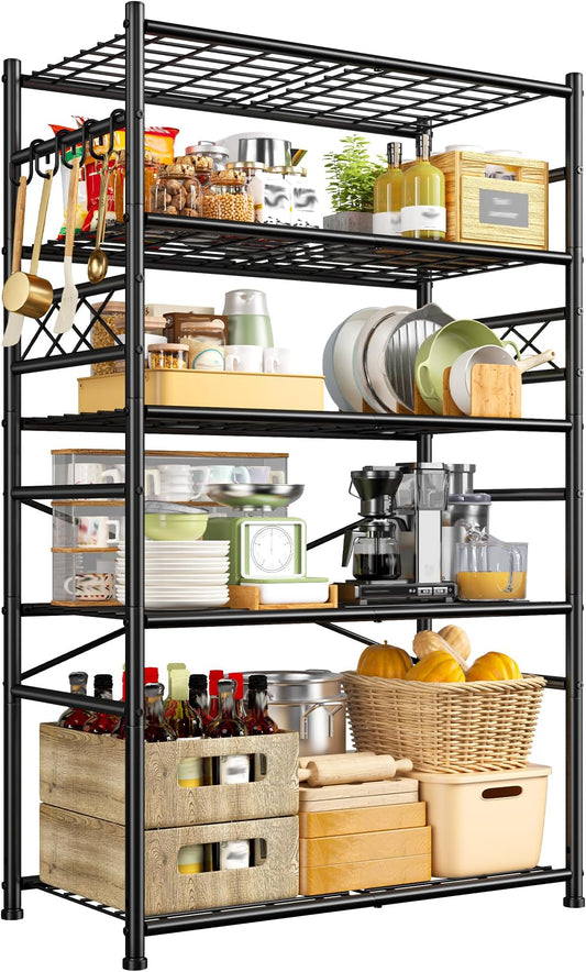 Adrinfly 72" H x 36" W x 12" D Heavy-Duty Steel Storage Shelves, 5-Tier 1000LBS Capacity with 5 Side Hooks, Waterproof Rustproof for Kitchen Garage Bathroom Organization