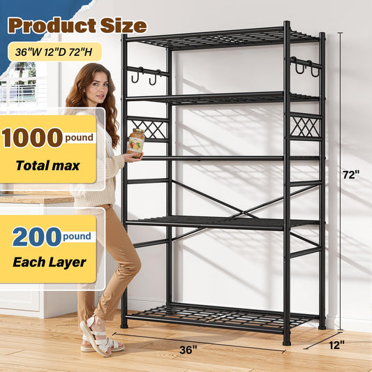 Adrinfly 72" H x 36" W x 12" D Heavy-Duty Steel Storage Shelves, 5-Tier 1000LBS Capacity with 5 Side Hooks, Waterproof Rustproof for Kitchen Garage Bathroom Organization
