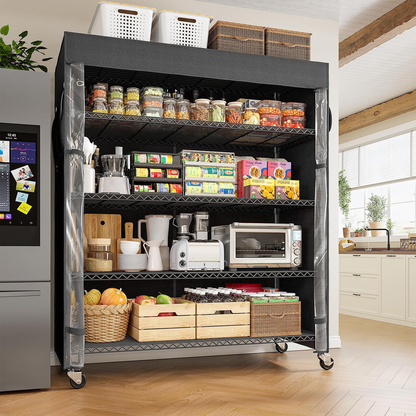 Adrinfly Upgraded 5-Tier Heavy-Duty Steel Wire Shelving Unit 45Wx17.72Dx72.83H with Wheels, 1100LBS Capacity, Detachable Waterproof Cover & Side Pockets for Flexible Storage