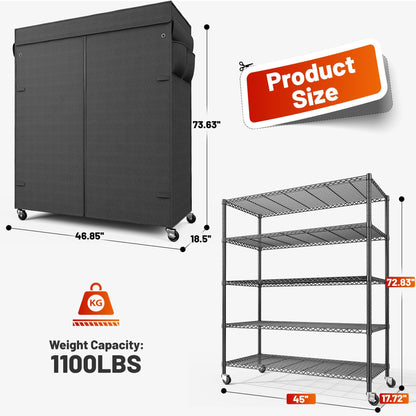 Adrinfly Upgraded 5-Tier Heavy-Duty Steel Wire Shelving Unit 45Wx17.72Dx72.83H with Wheels, 1100LBS Capacity, Detachable Waterproof Cover & Side Pockets for Flexible Storage