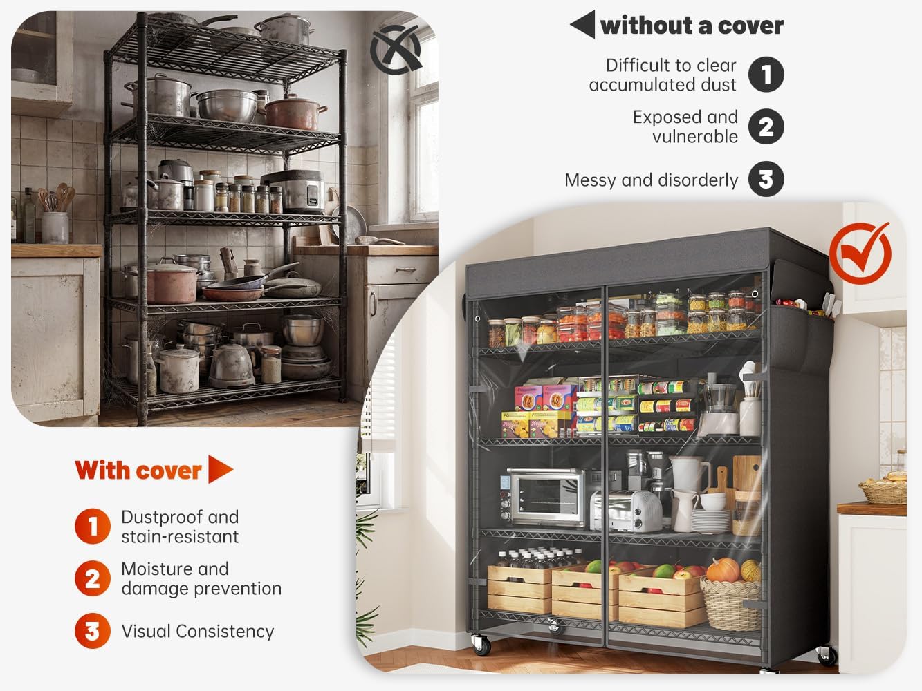 Adrinfly Upgraded 5-Tier Heavy-Duty Steel Wire Shelving Unit 45Wx17.72Dx72.83H with Wheels, 1100LBS Capacity, Detachable Waterproof Cover & Side Pockets for Flexible Storage