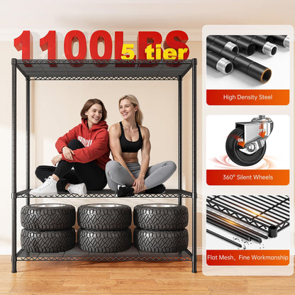 Adrinfly Upgraded 5-Tier Heavy-Duty Steel Wire Shelving Unit 45Wx17.72Dx72.83H with Wheels, 1100LBS Capacity, Detachable Waterproof Cover & Side Pockets for Flexible Storage