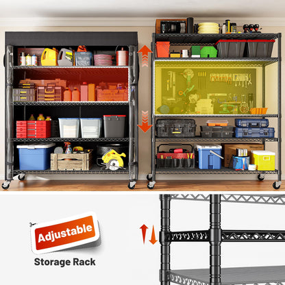 Adrinfly Upgraded 5-Tier Heavy-Duty Steel Wire Shelving Unit 45Wx17.72Dx72.83H with Wheels, 1100LBS Capacity, Detachable Waterproof Cover & Side Pockets for Flexible Storage