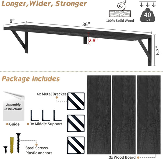 Adrinfly 36 Inch Large Floating Shelves, Rustic Modern Style, Heavy Duty Black Metal Brackets, 2 Display Methods, for Indoor Plants, Books, Decor in Bedroom Living Room Laundry Room