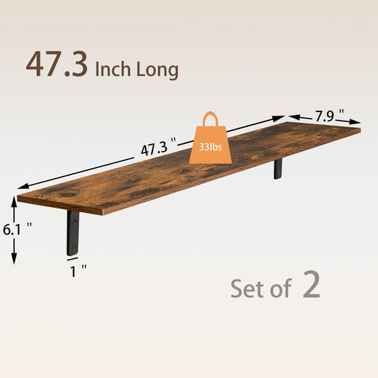 Adrinfly 2-Pack 47.3" L Wall Shelves, Sturdy Particleboard & Metal Brackets, 33lbs Load, Anti-Toppling, Vintage Rustic Wood Grain, Mid-Century Decor for Storage & Display